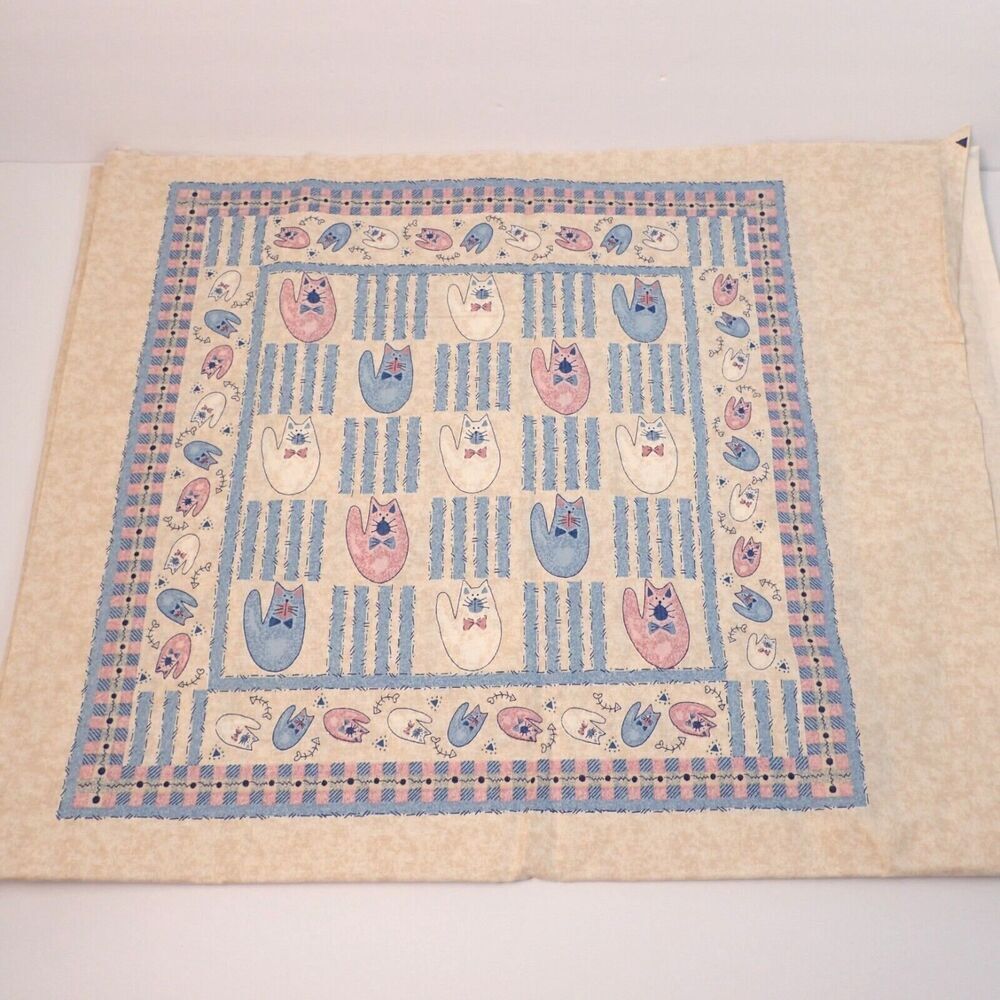 Vintage Springs Fabric CAT Pillow Panel One Heart blue Quilt Craft Blue Pink Lot